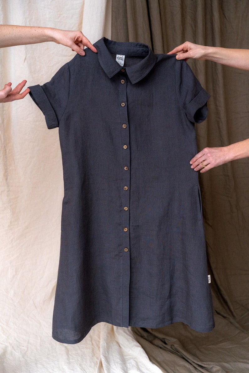 Romantic simple linen dress with belt, Midi length buttoned dress, Women linen clothing, Sustainable fabric dress, Shirt style dress dark gray