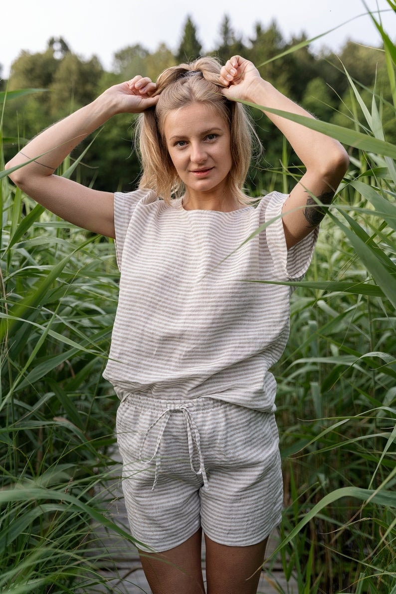 Sleeping linen shorts, women's pyjama shorts, linen pyjama bottoms, natural linen shorts, leinen shorts streifen image 2