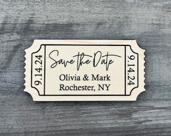 Movie Theater Ticket Save The Date Magnet | Personalized Wedding Favors | Wedding Invitation | Wooden Save The Date | Engraved Save The Date