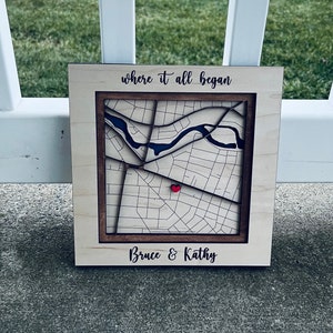 Personalized Map Of Where We Met | Where It All Began | Layered Wooden Map | Anniversary Present | Valentine’s Day Gift For Spouse