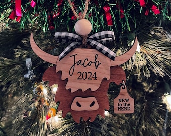 Personalized Cow Ornament | New To The Herd | Highland Cow | New Baby Ornament | Newborn Baby Ornament | Stocking Stuffer | New Mom Gift