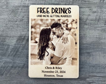 Free Drinks Save The Date Magnet | Funny Save The Date | Engraved Photo | Wooden Wedding Decor | Wedding Planning | Wooden Magnet
