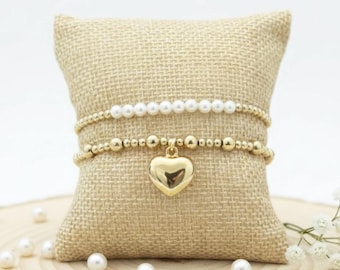 Valentine’s Day Jewelry for Her | Gold Filled Heart Charm Bracelet with Pearls | Romantic Gift for Wife Girlfriend | Dainty Bracelet Stack