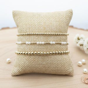 18k Gold Filled Bracelet Stack | Gold and Pearl Stretch Bracelets | Valentine’s Day Gift For Her | Dainty Gold Beaded Jewelry