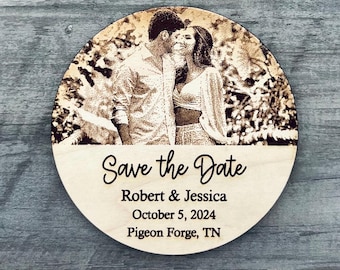 Round Photo Save The Date Magnet | Circle Wedding Invitation | Wooden Engraved Photo Magnet | Engraved Wedding Photo | Unique Save The Date