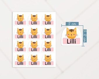 Kawaii Cat Name Tag Labels, Cat Sticker with Name, School Supplies Name Stickers