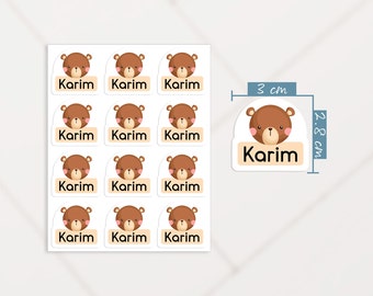 Kawaii Bear Name Tag Labels, Bear Sticker with Name, School Supplies Name Stickers