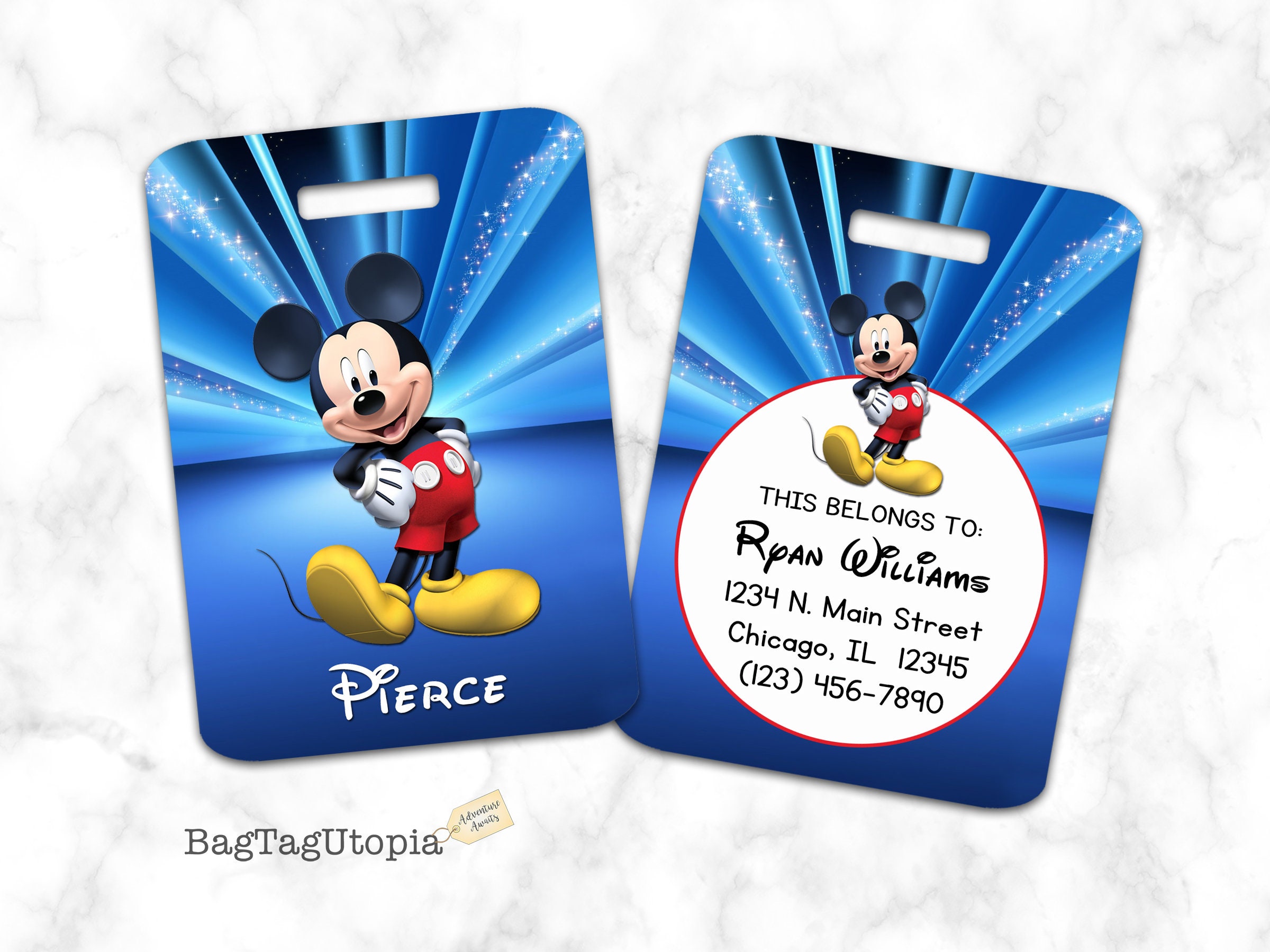 Mickey Mouse Luggage Tag, Bag Tag, Stars, Personalized