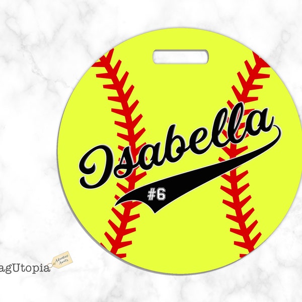 Runder Softball-Taschenanhänger, Gepäckanhänger, personalisiert mit Name und Jersey-Nummer