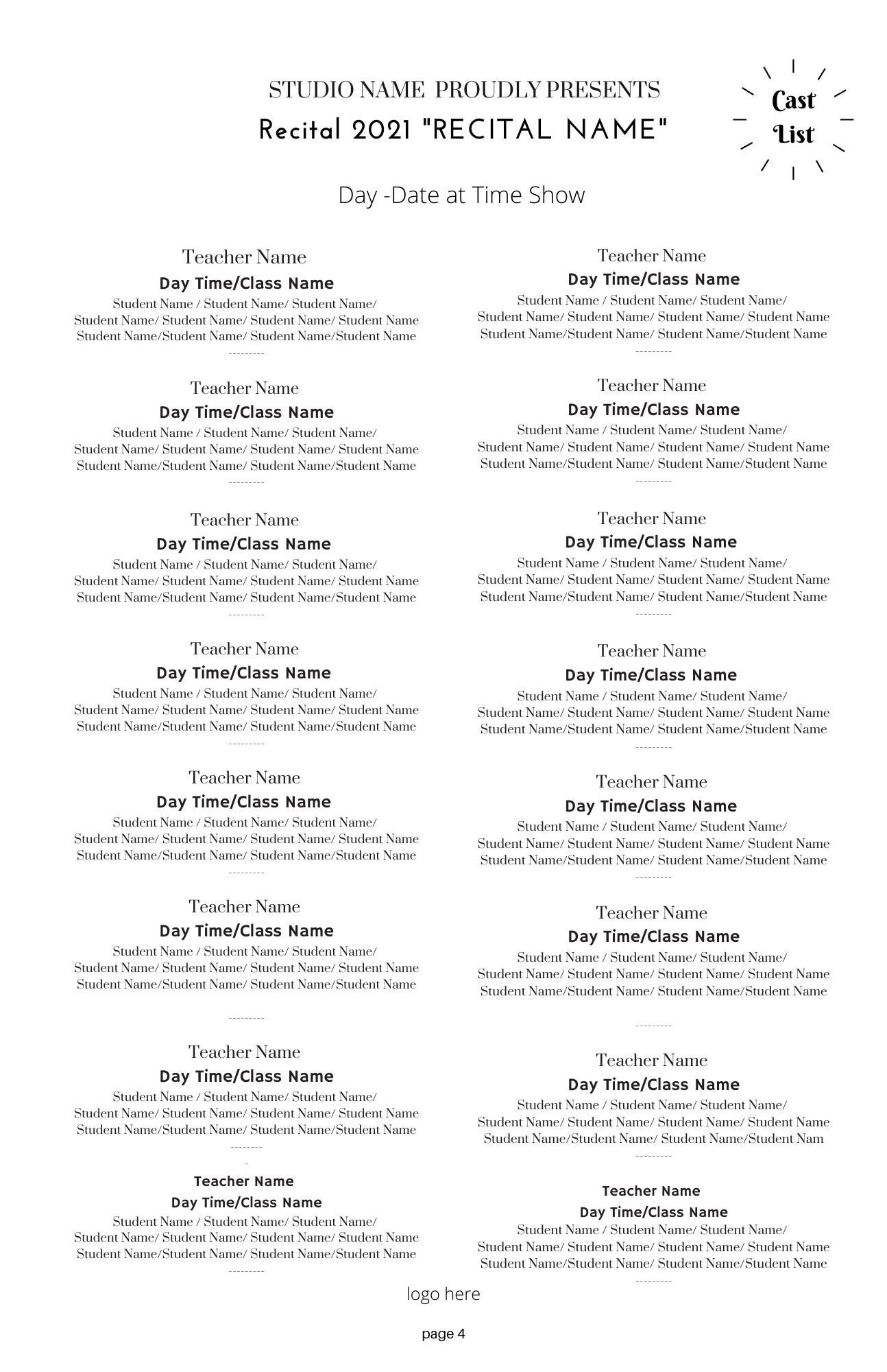 Recital Program Template Google Docs Recital Program Template Google Docs
