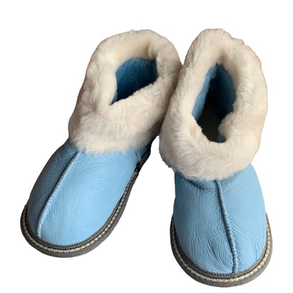 Children sheepskin baby blue slippers ,real sheepskin,Hand made, luxury kids slippers