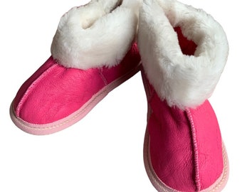 Children sheepskin pink slippers ,real sheepskin,Hand made, luxury kids slippers