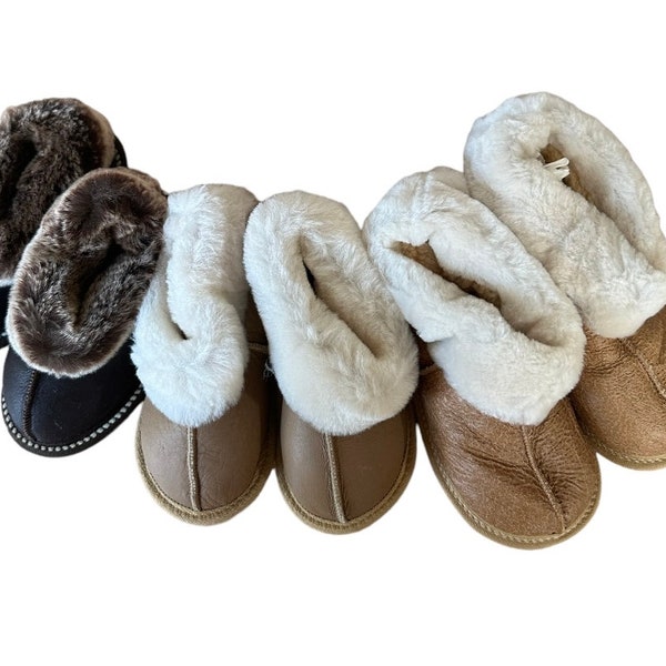 Children sheepskin light tan  and brown slippers ,real sheepskin,Hand made, luxury kids slippers