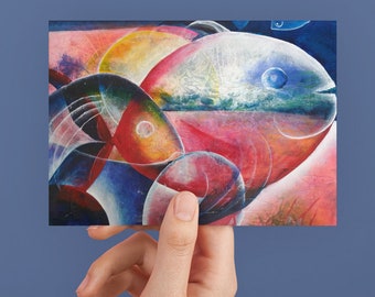 Postkarte Fische Abstrakt, Einmalige Kunstkarte, Grußkarte, Hochzeitskarte Glückwunschkarte Fische bunt, Originales Design by Kuhlmann