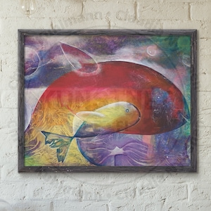 Red Whale | Modern Abstract Art Print on Canvas, Abstract Painting Original, Colored Abstract Print
