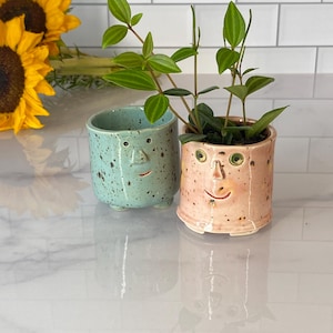 May include: Two ceramic face planters, one light blue with brown speckles, the other pink with brown speckles. Each planter has a face design with a nose, eyes, and a smiling mouth. Green plants are growing inside the planters.