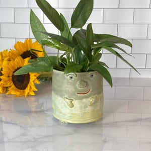 May include: A whimsical, handmade ceramic planter with a face design, holding a lush green plant. The planter has a light green and yellow glaze, with blue eyes, a red smile, and hand-shaped details. Sunflowers are in the background.