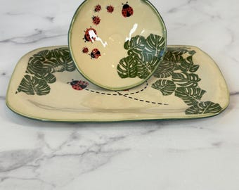 Ladybug Breakfast Set, Bowl & Plate, Handmade Pottery