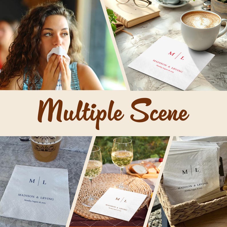 Op de afbeelding: Witte papieren servetten met de initialen "M/L" en de namen "MADISON & LRVING" in het rood gedrukt. De servetten worden in meerdere sc&egrave;nes getoond, waaronder met koffie, wijn en een mand.