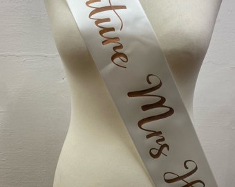 Future Mrs/ Bride To Be Sash - White Ribbon Metallic Rose Gold/Aztec Gold Print