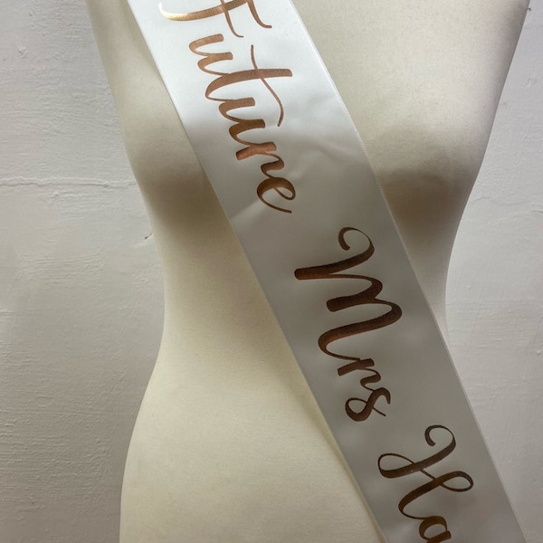 Future Mrs/ Bride To Be Sash - White Ribbon Metallic Rose Gold/Aztec Gold Print