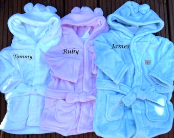 Personalised Embroidered Baby Soft Teddy Bear Ears Bath Robe  Boy or Girl 0-24 Months