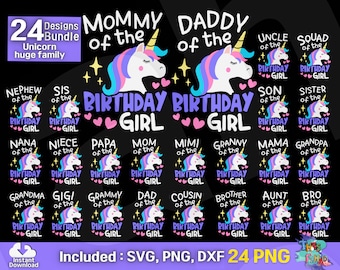 May include: A digital design bundle of 24 unicorn-themed birthday girl graphics. The graphics feature a unicorn with a rainbow mane and tail, and the text "Birthday Girl" in purple. The graphics are designed for different family members, such as "Mommy of the Birthday Girl", "Daddy of the Birthday Girl", "Niece of the Birthday Girl", and more.
