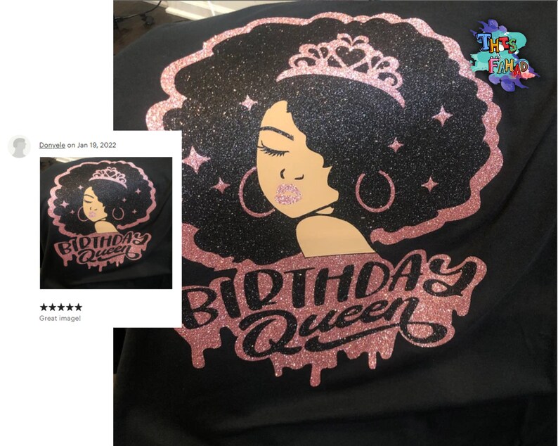 Puede incluir: Dise&ntilde;o de purpurina rosa en una camiseta negra con una mujer con afro, una corona y el texto "Birthday Queen".