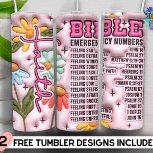3D Inflated Bible Emergency Number Wrap, Faith Tumbler PNG, Floral Christian Tumbler - 20oz Skinny Tumbler Download - Straight & Tapered