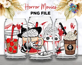 Horror Movies 16oz Can Glass, Horror Fall Coffee, Hand Drawn Scary Movie PNG Autumn Cozy Libbey Beer Glass Can PNG Sublimation Download