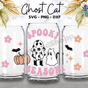 Ghost Cat Halloween Can Glass Wrap, Spooky Halloween Can Glass Svg, 16 oz Libbey Full Wrap Can Glass Svg Cut File for Cricut Silhouette