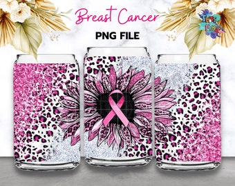 Bröstcancermedvetenhetsburk 16oz glas, bröstcancer solros hopp glitter rosa Libbey ölglasburk PNG sublimering digital nedladdning