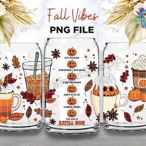May include: Three clear glass tumblers with fall-themed designs. Each tumbler features a different design with pumpkins, leaves, and fall-themed text. The text on the tumblers reads "Get Started", "Remember Your Goal", "Keep Chugging", "Don't Give Up", "Almost There", and "You Did It, Refill Now".