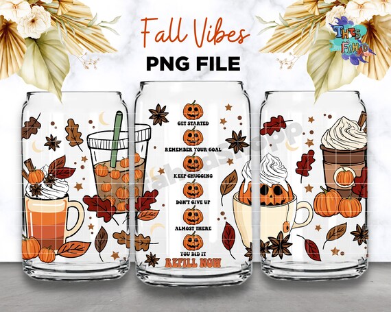 Fall Coffee 16oz Can Glass, Autumn Season Drinks, Hand Drawn Fall Vibes PNG Pumpkin Spice Libbey Beer Glass Can PNG Sublimation Download