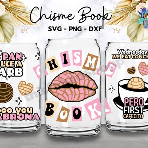 Chisme Book Can Glass Wrap Svg, Cafecito y Chisme Can Glass Svg, 16 oz Libbey Full Wrap Svg Can Glass Wrap, Libbey Glass Svg