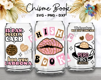 Chisme Book Can Glass Wrap Svg, Cafecito y Chisme Can Glass Svg, 16 oz Libbey Full Wrap Svg Can Glass Wrap, Libbey Glass Svg