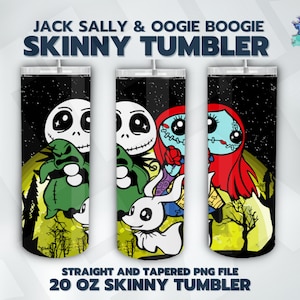 K&ouml;nnte beinhalten: Ein 20 Unzen schlanker Becher mit einem Design, das Jack Skellington, Sally und Oogie Boogie aus Nightmare Before Christmas zeigt. Das Design ist im Cartoon-Stil gehalten und hat einen schwarzen Hintergrund mit einem gelben Mond und Sternen.