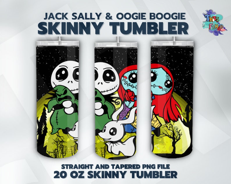 K&ouml;nnte beinhalten: Ein 20 Unzen schlanker Becher mit einem Design, das Jack Skellington, Sally und Oogie Boogie aus Nightmare Before Christmas zeigt. Das Design ist im Cartoon-Stil gehalten und hat einen schwarzen Hintergrund mit einem gelben Mond und Sternen.