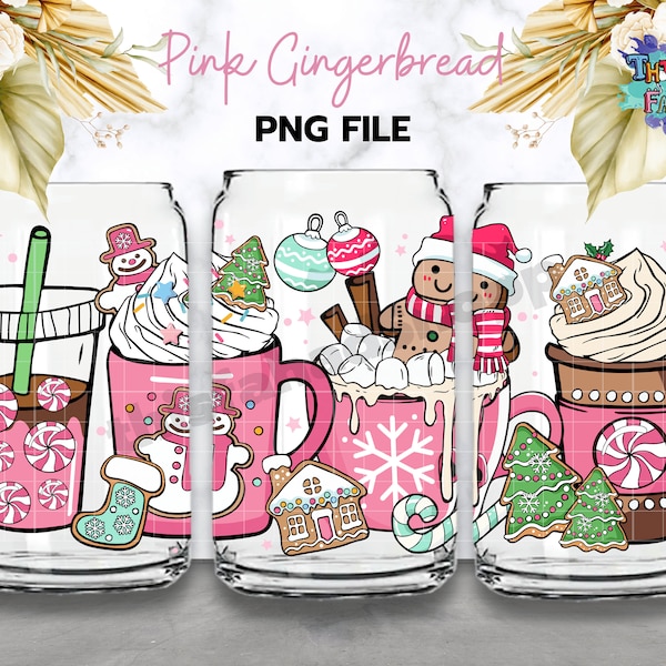 Pink Christmas Coffee 16oz Can Glass, Gingerbread Hand Drawn Pink Cozy Winter Snowflakes Libbey Beer Glass Can PNG Sublimation Download