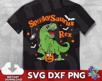 Spooky Saurus Rex Svg, Dinosaur Pumkin Svg, Halloween Dinosaur Svg, Funny T-Rex with Pumpkin Svg Dxf Png Files for Silhouette Cricut.