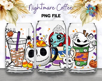 Nightmare Before Coffee 16oz Can Glass, Nightmare Coffee PNG Scary Movie Autumn Cozy Libbey Beer Glass Can PNG Sublimation Digital Download