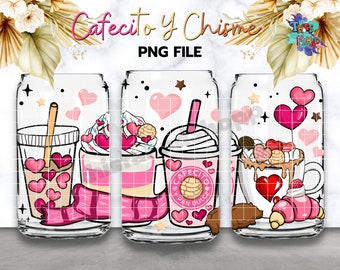 Pink Valentine Coffee Lover 16oz Can Glass, Cafecito y Chisme, Pan Dulce Hand Drawn Libbey Beer Glass Can PNG Sublimation Digital Download