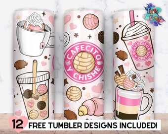 Cafecito y Chisme 20oz Skinny Tumbler, Handgezeichnete mexikanische Concha PNG Sublimation Gerade & konische Tumbler PNG Datei Digitaler Download