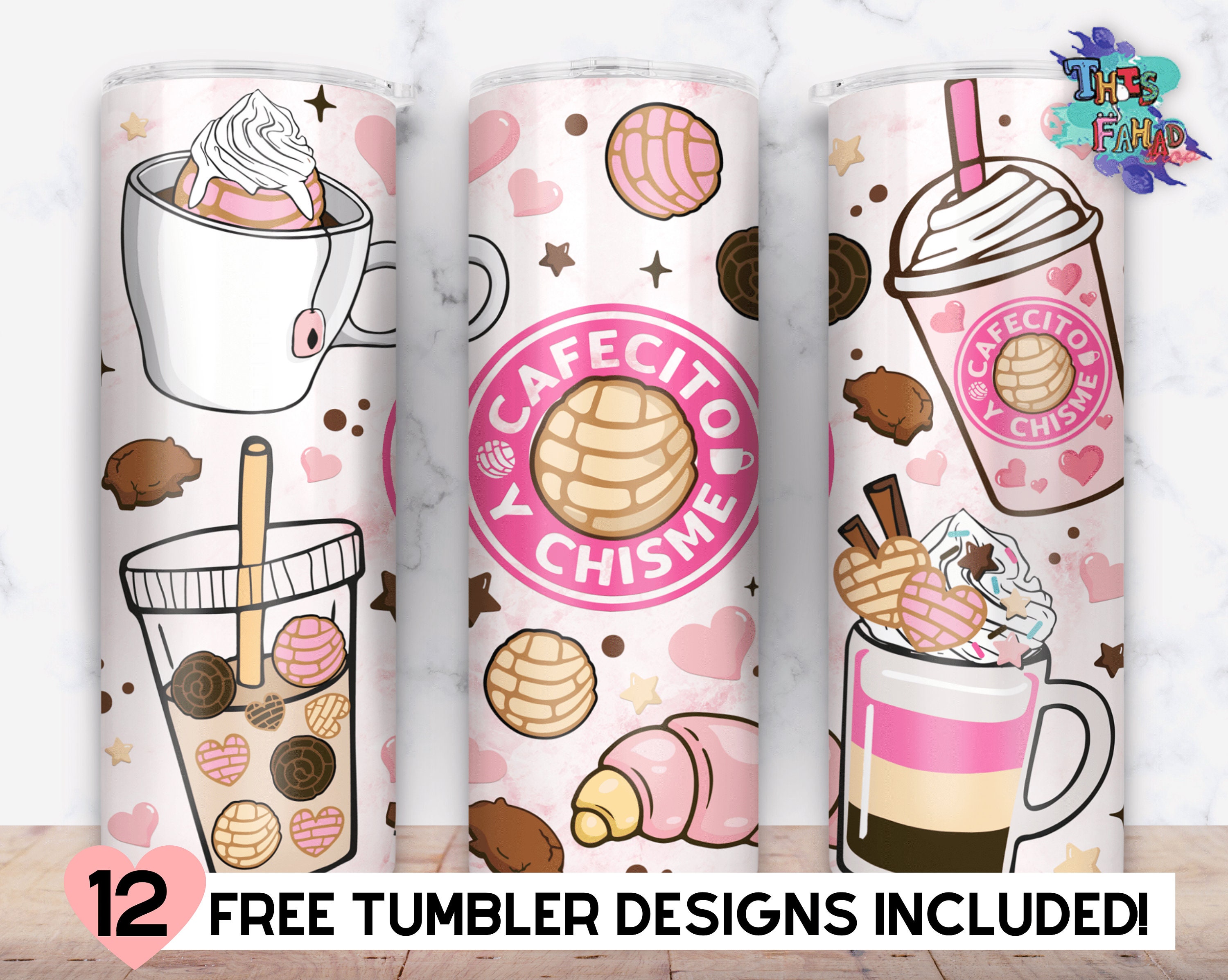 Cafecito y Chisme 20oz Skinny Tumbler, Hand Drawn Mexican Concha PNG Sublimation Straight & Tapered Tumbler PNG File Digital Download