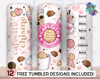 Cafecito y Chisme 20oz Skinny Tumbler, Hand gezeichnete mexikanische Concha PNG Cafecito Sublimation Straight & Tapered Tumbler PNG Digital Download