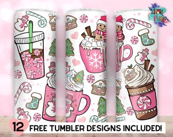 Rosa Weihnachtskaffee 20oz Skinny Becher, Lebkuchen Hand gezeichnet Rosa Gemütlich Winter Schneeflocken Sublimation Straight & Tapered Tumbler PNG