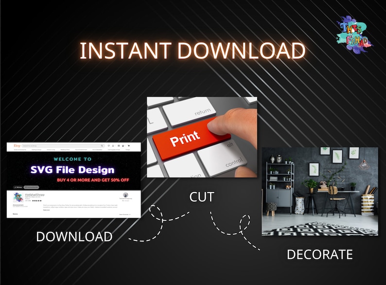 May include: A computer keyboard with a red "Print" key being pressed by a finger. The image also shows a website with the text "WELCOME TO SVG File Design" and a dark gray room with a desk and a chair. The text "DOWNLOAD", "CUT", and "DECORATE" are written on the image.