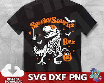 Spooky Saurus Rex Svg, Dinosaur Skeleton Svg, Halloween Dinosaur Svg, Funny T-Rex with Pumpkin Svg Dxf Png Files for Silhouette Cricut.