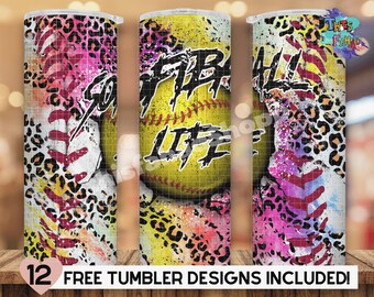 Puede incluir: Un diseño de sublimación para un vaso con una pelota de softball con las palabras "Softball Life" en estilo graffiti. El fondo es un diseño abstracto colorido con detalles de estampado de leopardo.