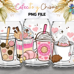 Cafecito y Chisme 16oz Can Glass, Pan Dulce PNG Hand Drawn Mexican Concha Libbey Beer Glass Can PNG Sublimation Digital Download